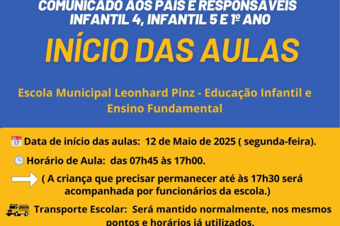 Iniciam na segunda-feira (12) as aulas na Escola Municipal Leonhard Pinz